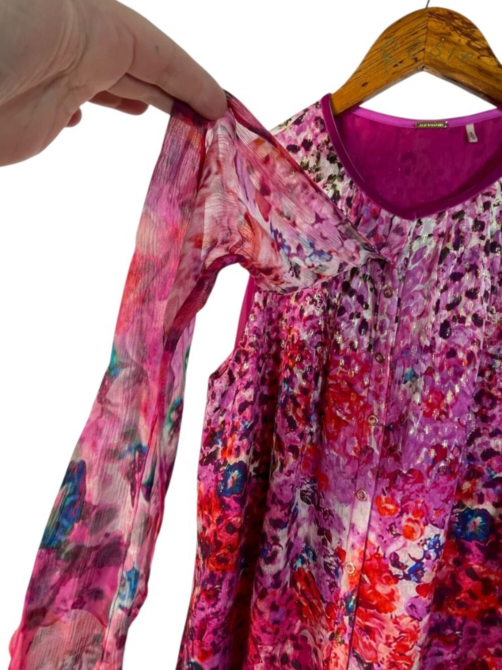 Elie Tahari 93% Silk Metallic Floral Pintuck Sleeveless Blouse Pink M - Picture 9 of 15
